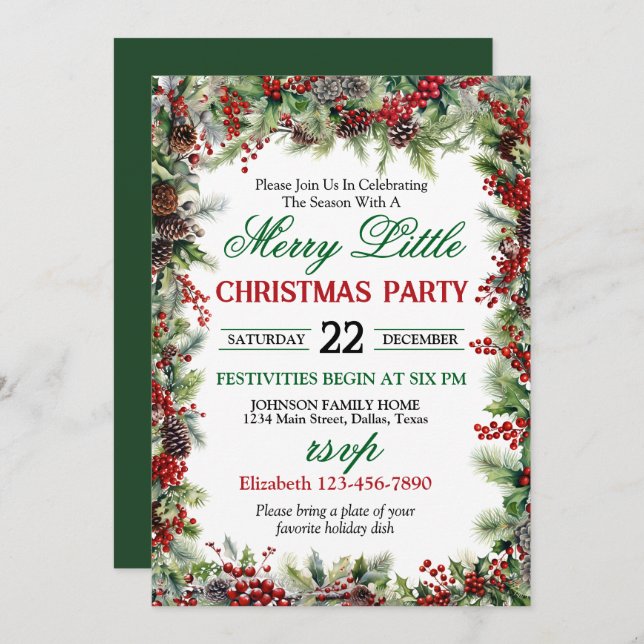 Festive Holly Border Christmas Party Invitation (Front/Back)