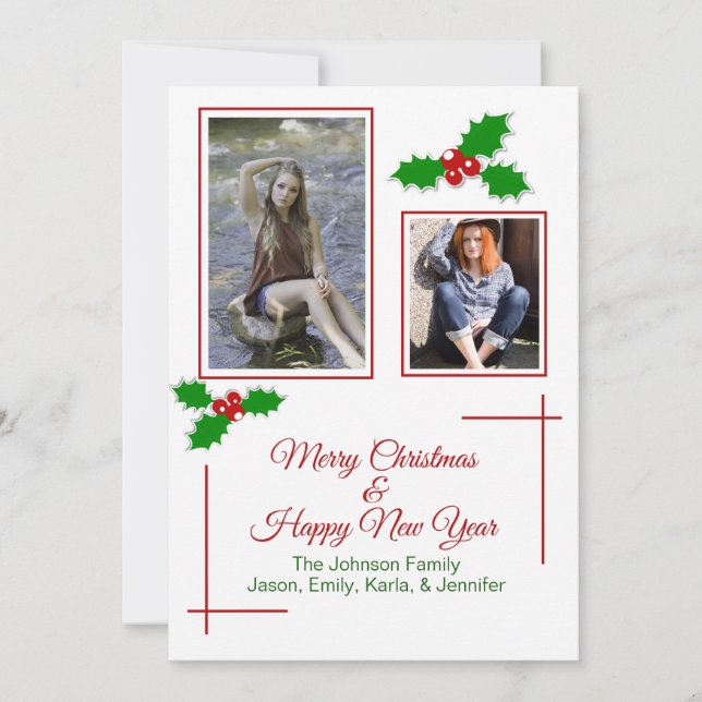 Festive Holly Christmas Photo Card (Front)