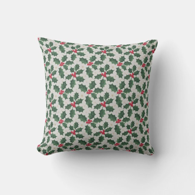 “Festive Holly Leaves & Red Berries Christmas Thro Throw Pillow (Front)