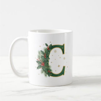 Festive Holly Letter C Christmas Coffee Mug