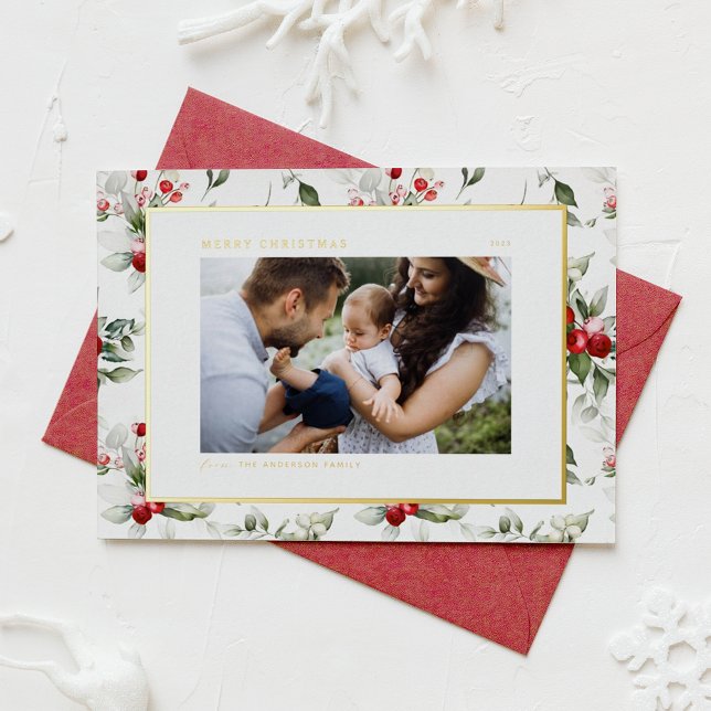 Festive Holly Pattern Merry Christmas Photo Foil Holiday Card (Creator Uploaded)