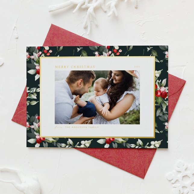 Festive Holly Pattern Merry Christmas Photo Foil Holiday Card (Creator Uploaded)