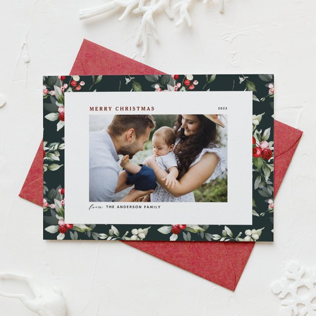 Festive Holly Pattern Merry Christmas Photo Holiday Card (Creator Uploaded)