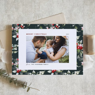 Festive Holly Pattern Merry Christmas Photo Holiday Postcard