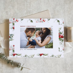 Festive Holly Pattern Merry Christmas Photo Holiday Postcard