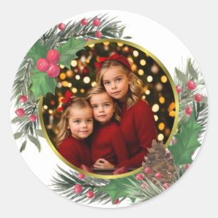 Festive Holly & Pine Christmas or Holiday Photo  Classic Round Sticker