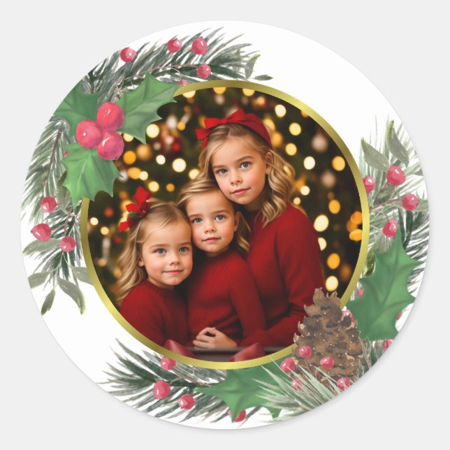 Festive Holly & Pine Christmas or Holiday Photo  Classic Round Sticker (Front)