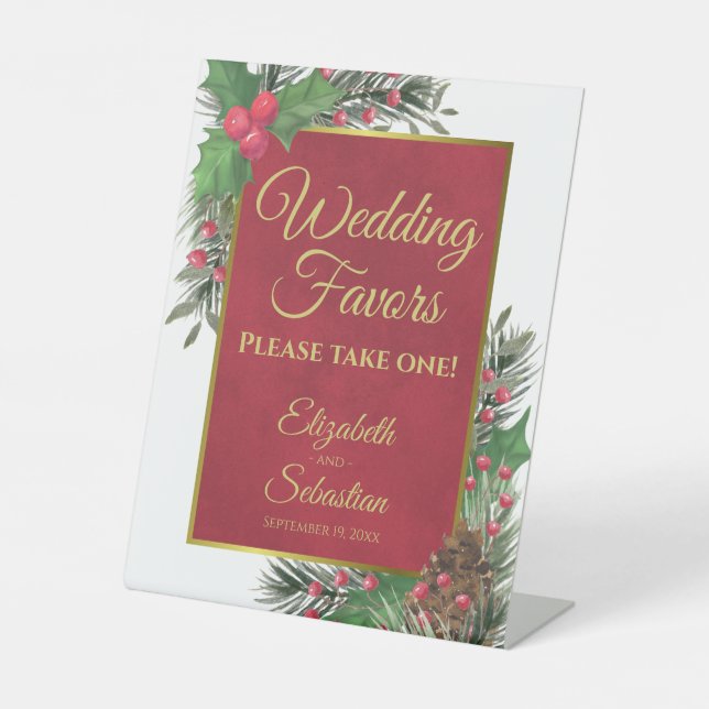 Festive Holly & Pine Christmas Wedding Favors Sign (Front)