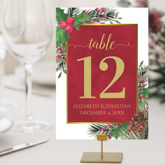 Festive Holly & Pine Elegant Christmas Wedding Table Number (Creator Uploaded)