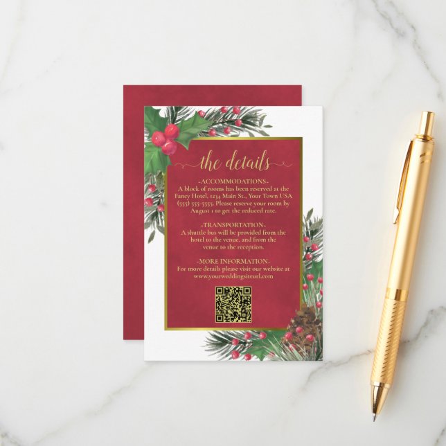 Festive Holly & Pine Wedding Details QR Code Enclosure Card (Front/Back In Situ)
