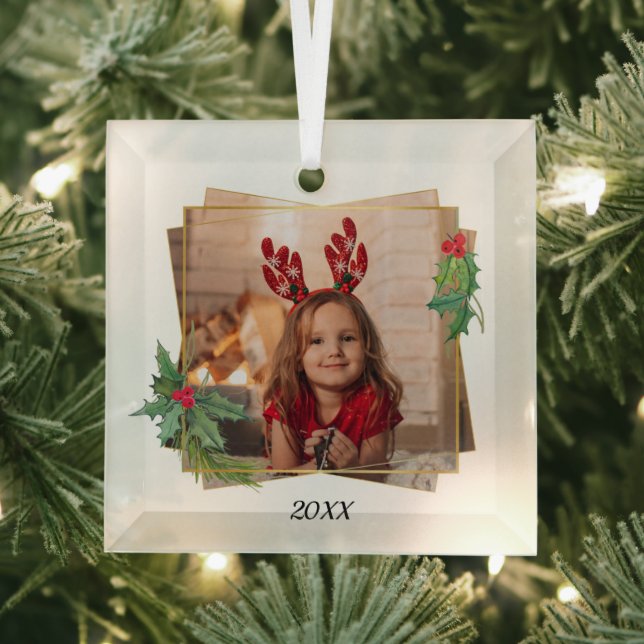 Festive Holly & Pine with Gold Frame Photo Glass Ornament (Insitu)
