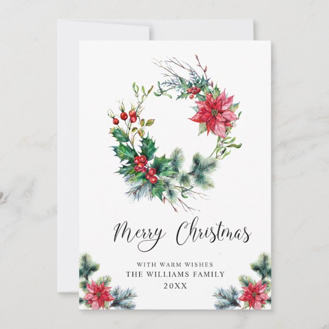 Festive Holly Poinsettia Wreath Christmas Greeting Holiday Card (Front)