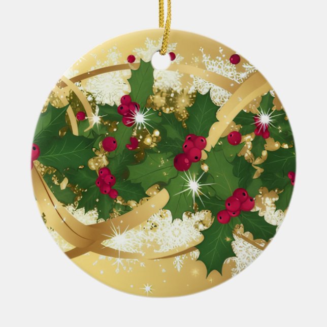 Festive Holly Ribbon — Elegant Christmas Design Ceramic Ornament (Front)