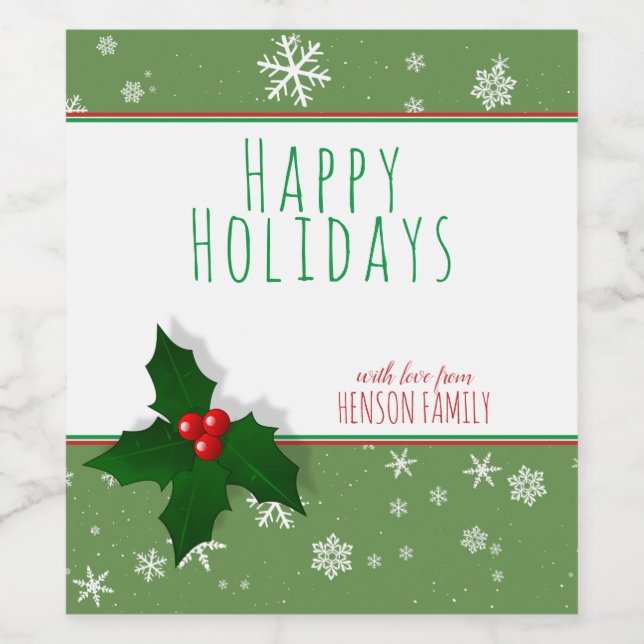 Festive Holly Tree Berry Personalizable Christmas Wine Label (Single Label)