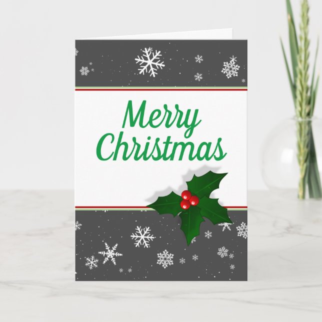 Festive Holly Tree Berry Snowflake Christmas Holiday Card (Front)