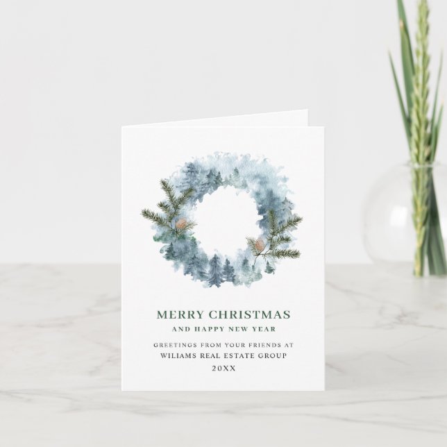 Festive Holly Wreath Christmas Corporate Greeting Holiday Card (Front)