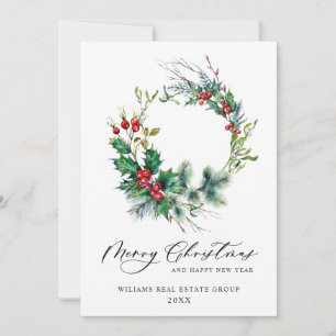 Festive Holly Wreath Christmas Corporate Greeting Holiday Card