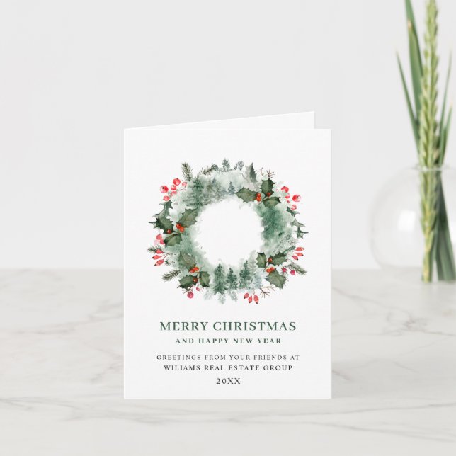 Festive Holly Wreath Christmas Corporate Greeting Holiday Card (Front)