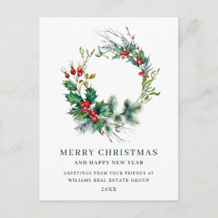 Festive Holly Wreath Christmas Greeting Holiday Postcard