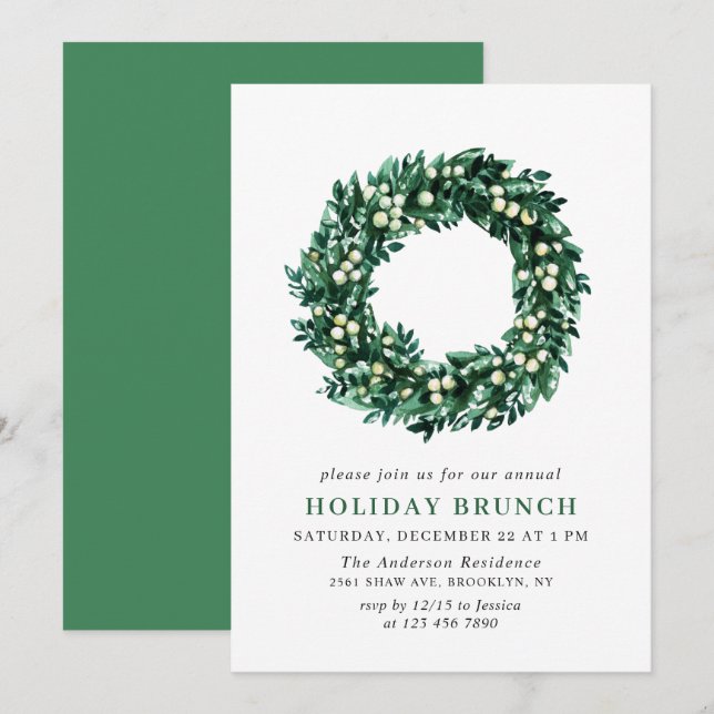 Festive Holly Wreath Christmas HOLIDAY BRUNCH Invitation (Front/Back)