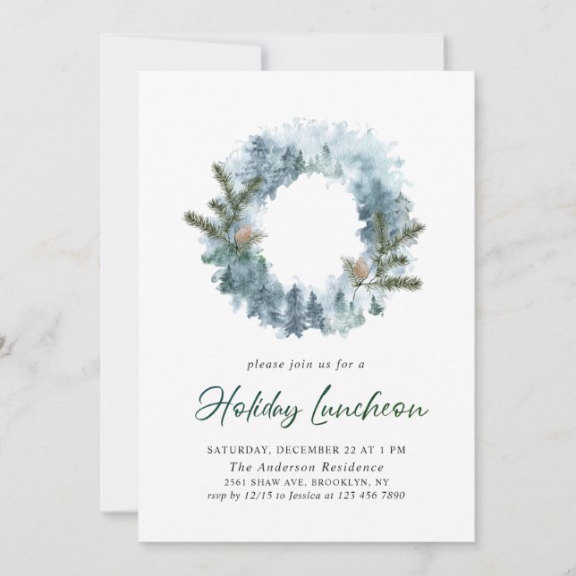 Festive Holly Wreath Christmas Holiday Luncheon Invitation (Front)