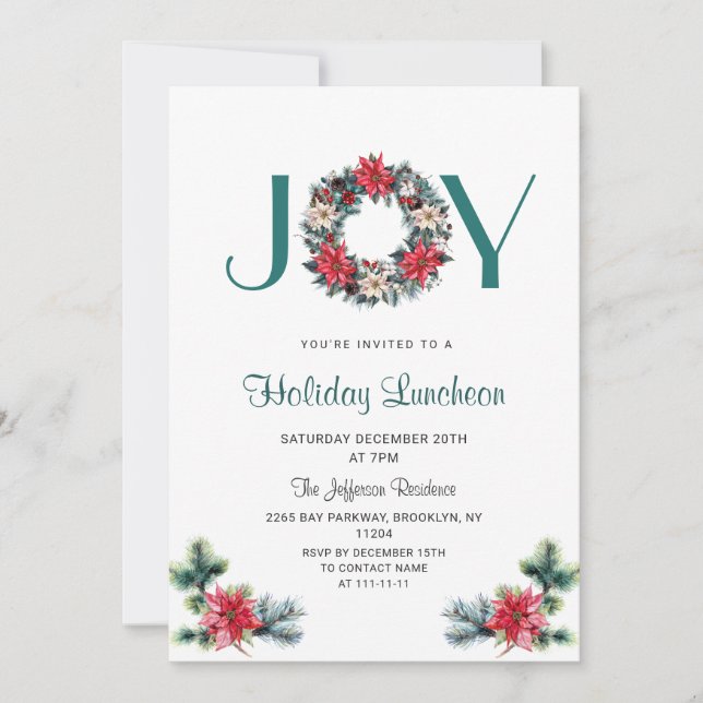 Festive Holly Wreath Christmas Holiday Luncheon Invitation (Front)