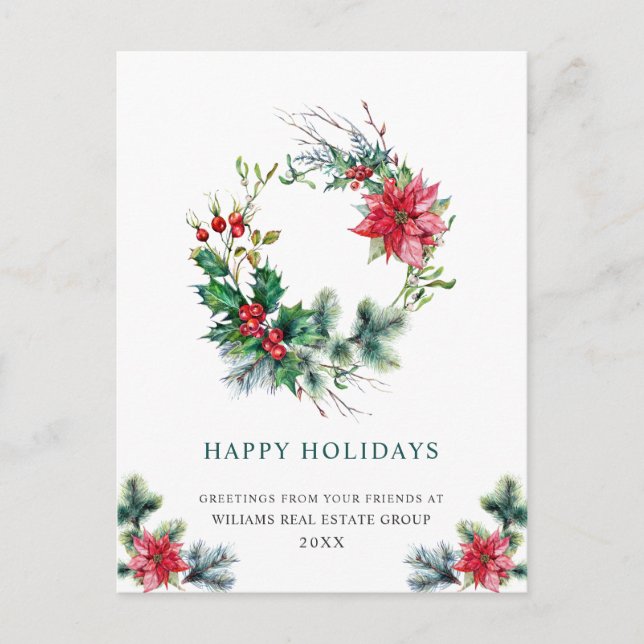 Festive Holly Wreath Corporate Christmas Holiday Postcard (Front)