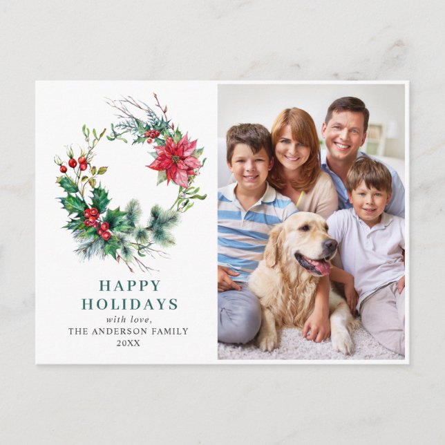 Festive Holly Wreath Merry Christmas Holiday PHOTO Postcard (Front)