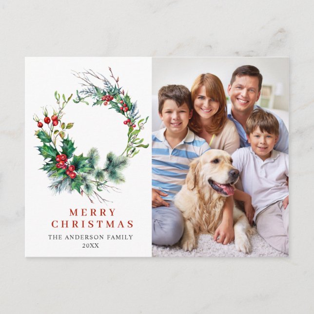 Festive Holly Wreath Merry Christmas Holiday PHOTO Postcard (Front)