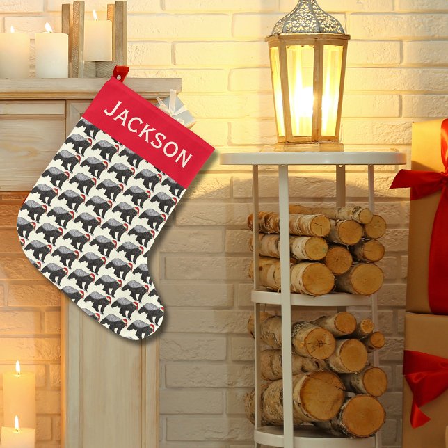 Festive Honey Badger Badass Santa Animal Add Name Large Christmas Stocking (Honey badger wearing santa hat pattern personalized name Christmas holiday stocking)