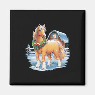 Festive Horse With Wreath In Snowy Rnyard Scene Magnet