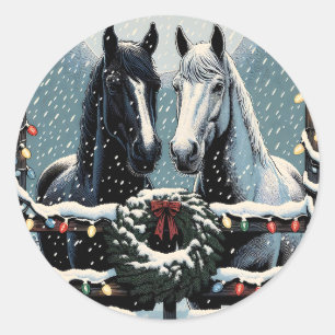 Festive Horses   Merry Christmas Classic Round Sticker