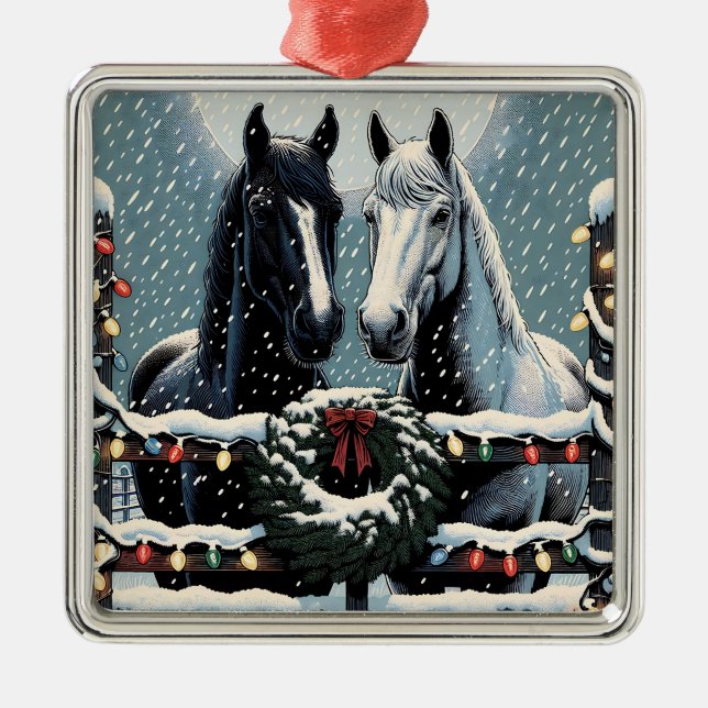 Festive Horses | Merry Christmas Metal Ornament (Front)