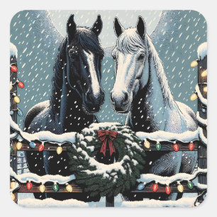 Festive Horses   Merry Christmas Square Sticker