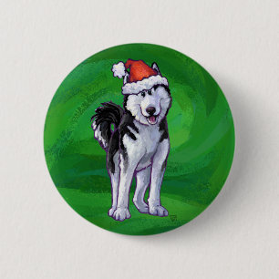 Festive Husky in Santa Hat on Green 2 Inch Round Button