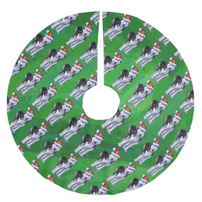 Festive Husky in Santa Hat on Green Brushed Polyester Tree Skirt (Front)