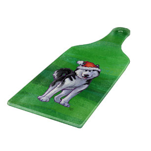 Festive Husky in Santa Hat on Green Cutting Board