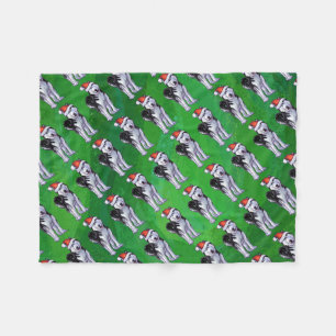 Festive Husky in Santa Hat on Green Fleece Blanket