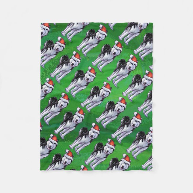 Festive Husky in Santa Hat on Green Fleece Blanket (Front)