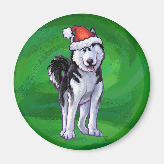 Festive Husky in Santa Hat on Green Magnet (Front)