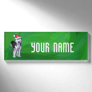 Festive Husky in Santa Hat on Green Name Tag