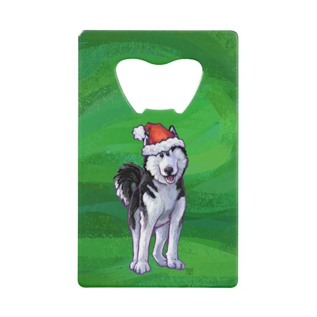 Festive Husky in Santa Hat on Green Wallet Bottle Opener (Front)