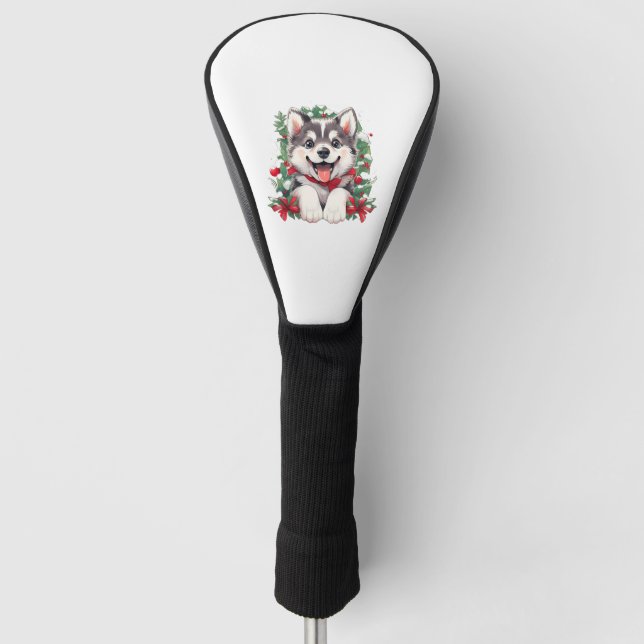 Festive Husky Puppy Classic T-Shirt Golf Head Cover (Front)