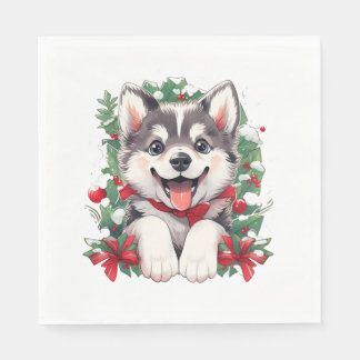 Festive Husky Puppy Classic T-Shirt Napkin
