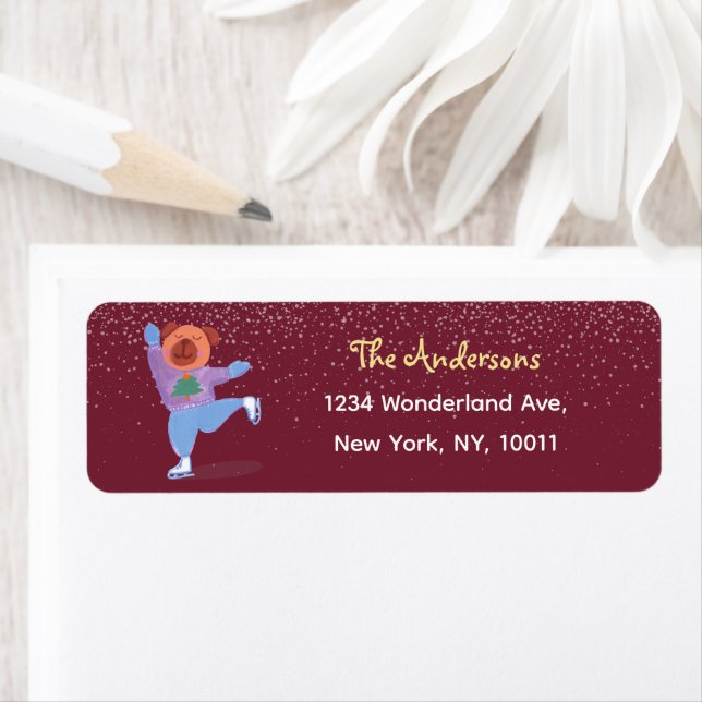 Festive Ice Skating Dog Dark Red Return Address (Insitu)