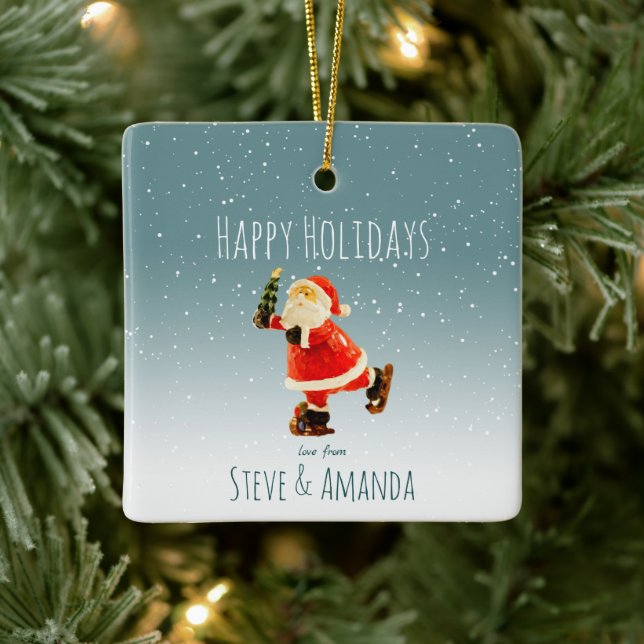 Festive Ice Skating Santa – Personalized Ceramic Ornament (Tree)