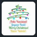 Festive International Merry Christmas and Tree Square Sticker<br><div class="desc">This multilingual Christmas sticker is like a global holiday party packed into one festive tree! Picture a jolly Christmas tree decked out with colourful ornaments and the cheerful greeting "Merry Christmas" in four languages: English, French, Italian, and Spanish. But wait, there's more! You can swap out those greetings for your...</div>