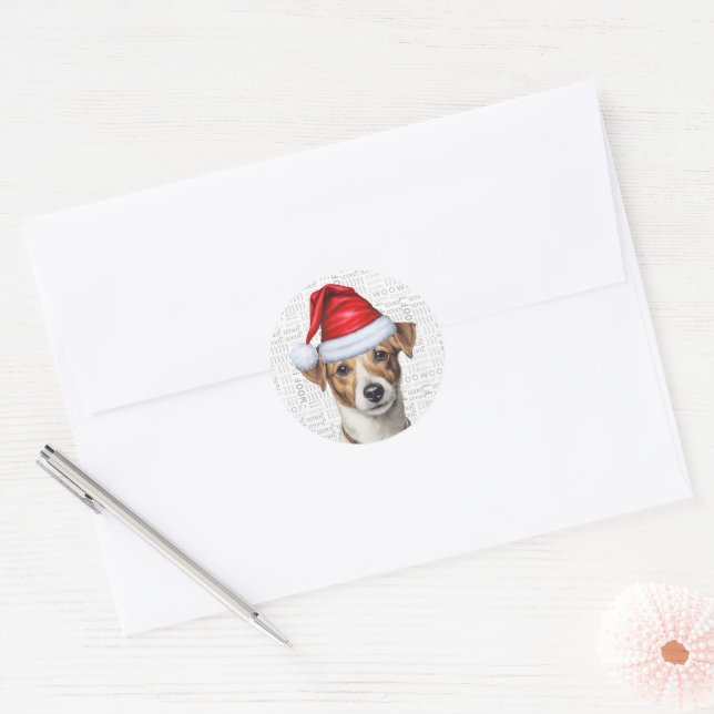 Festive Jack Russell with Woof Word Art Christmas Classic Round Sticker (Envelope)