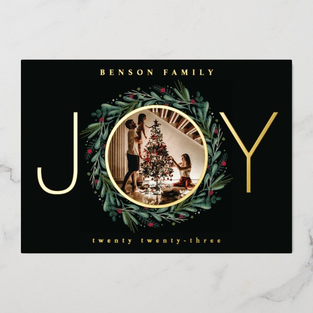 Festive JOY Christmas Wreath Leaves Berries Foil Holiday Card (Front)