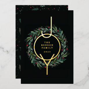 Festive JOY Christmas Wreath Leaves Berries Foil Holiday Card